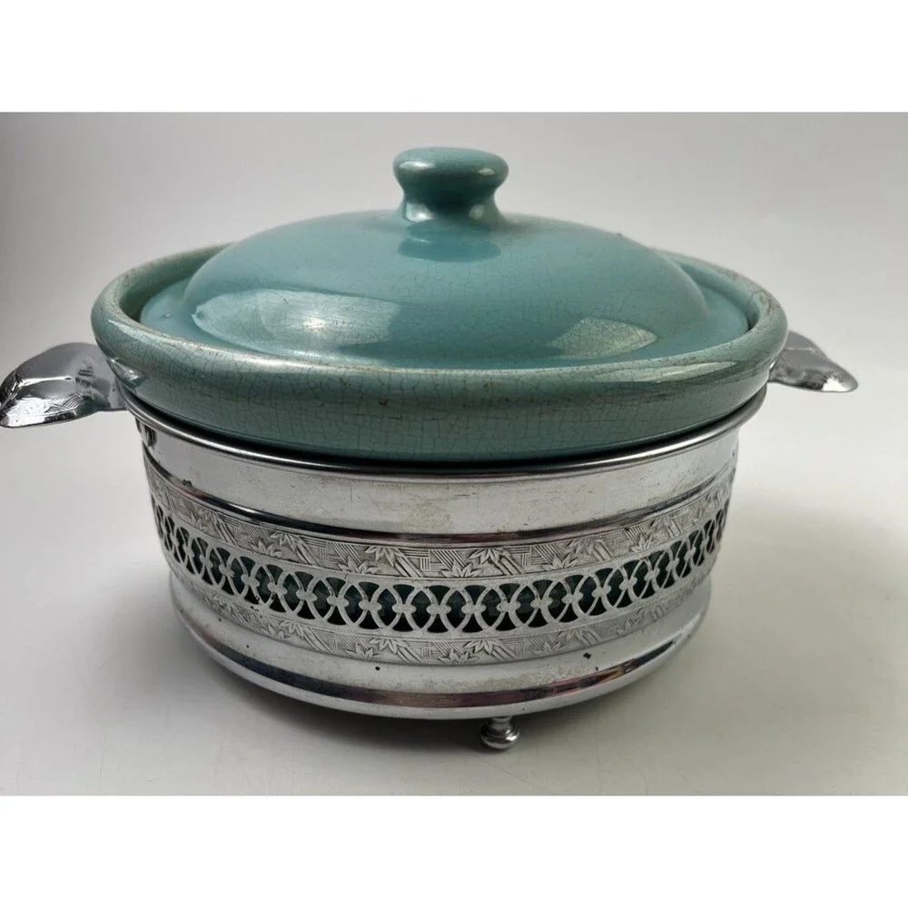 Vintage Faberware Turquoise Ceramic Covered Casserole Dish W/Metal Holder Below: